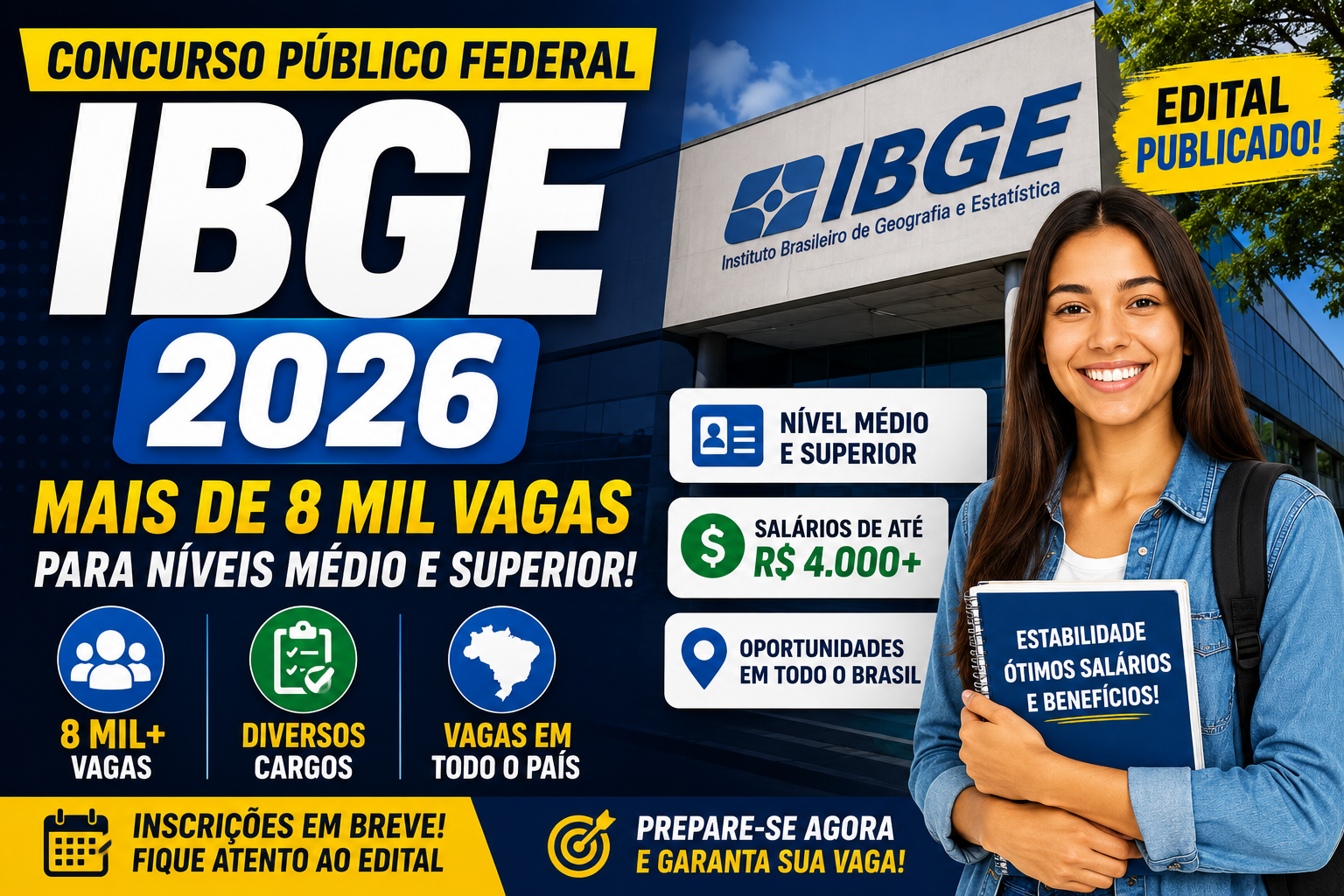 Concurso IBGE 2026: Edital Abre Mais de 8 Mil Vagas Para Níveis Médio e Superior