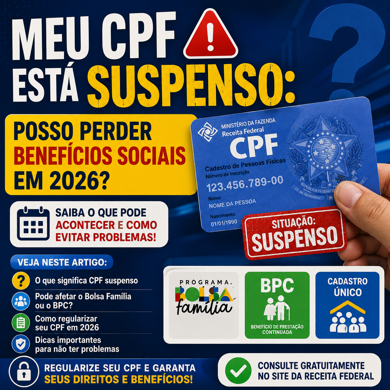 Meu CPF Está Suspenso: Posso Perder Benefícios Sociais em 2026? Veja Como Regularizar