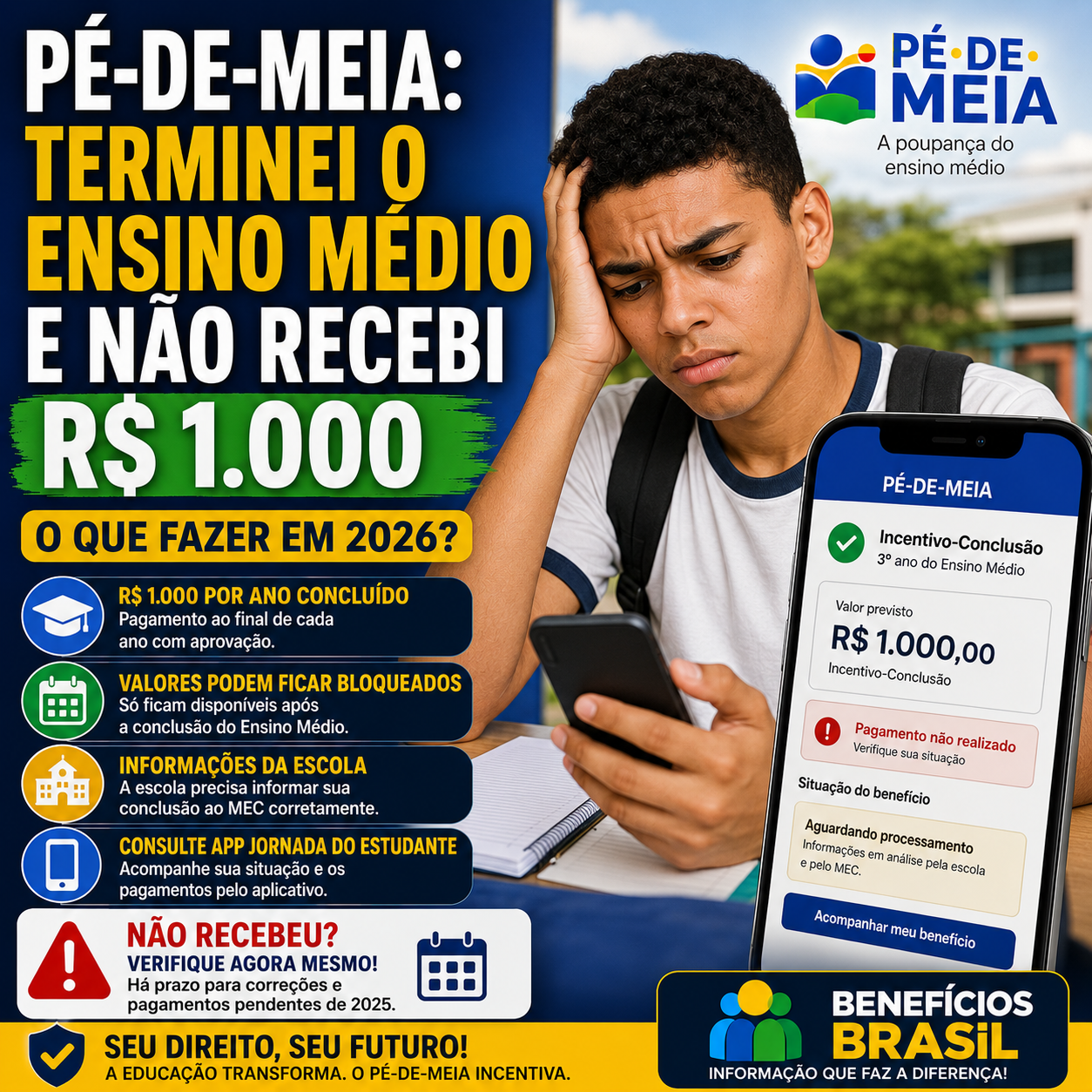 Pé-de-Meia: Terminou o Ensino Médio e Não Recebeu os R$ 1.000? Veja o Que Fazer em 2026
